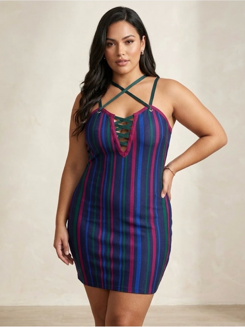 WOW couture Striped Lace-Up Midi Dress - Blue, Purple, Green